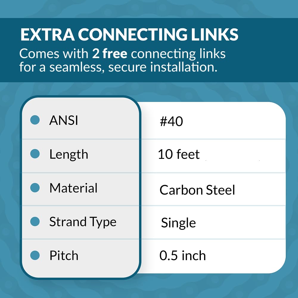PGN #40 Roller Chain - 10 Feet + 2 Free Connecting Links - Carbon Steel Chains for Bycicles, Mini Bikes, Motorcycles, Go-Karts, Home and Industrial Machinery - 239 Links