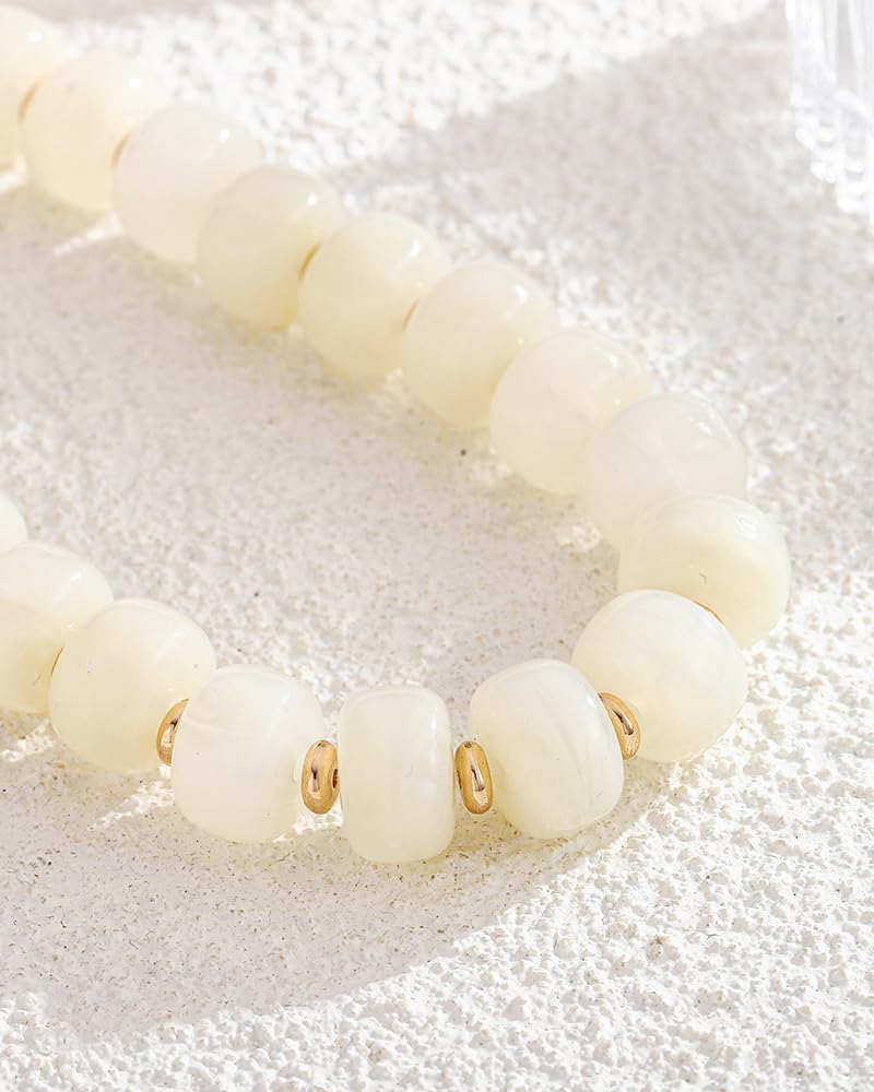 FAUTHENTICUTE White Resin Beaded Necklace for Women Boho Statement Necklaces Trendy Summer Beach Jewelry Western Style White Bead Necklace Everyday Layered Choker Necklaces for Women