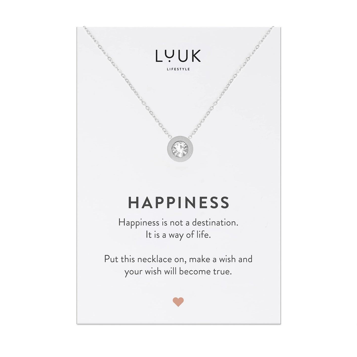 LUUK LIFESTYLE Feminine necklace with crystal rhinestone pendant, stainless steel and HAPPINESS gift card, chic jewelry, girlfriend, friendship present, Valentine’s Day, birthday, silver