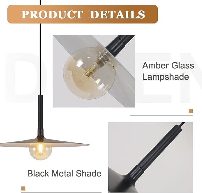 KCO Lighting Black Barn Pendant Light Large Dome Pendant Light Mid Century Modern Hanging Light Amber Glass Hanging Lamp Farmhouse Industrial Pendant Lighting