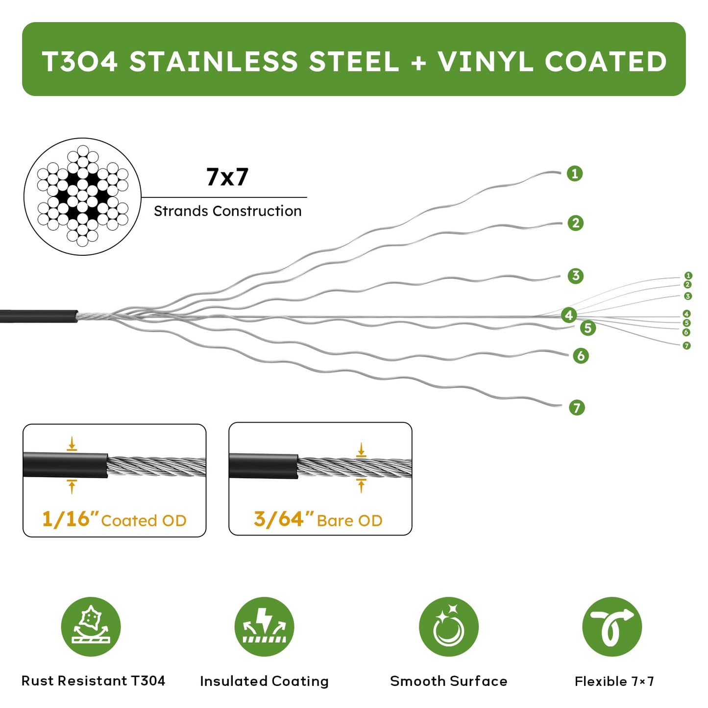 KALLSDY Black Vinyl Coated Wire Rope 1/16", 600FT 304 Stainless Steel Cable with 250PCS Aluminum Crimping Loop Sleeves for String Light Cable, Clotheslines, Trellis and Light Picuture Hanging