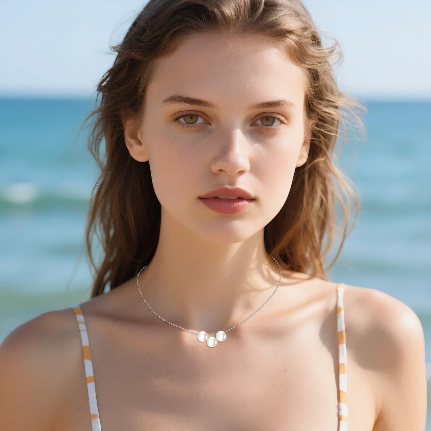POPLYKE 3 Pearls Necklace Sterling Silver Pearls Choker Necklace for Women 7-8mm Freshwater Cultured Pearls Wedding Bridesmaids Anniversary 16''