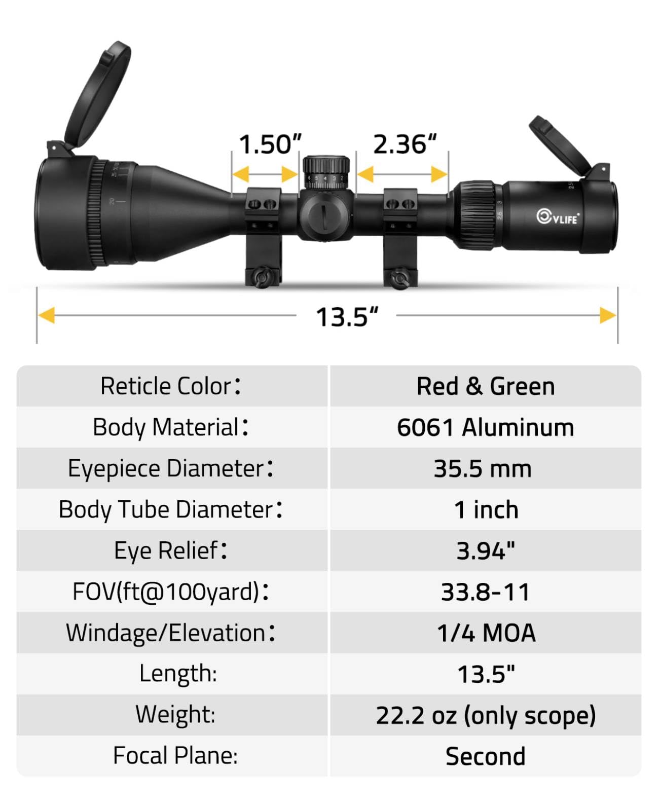 CVLIFE EagleFeather 2.5-10X50 AO Rifle Scope, Medium Range Scope with Red/Green Illuminated Mil-dot Reticle and Front Parallax Adjustment, 1 inch Tube