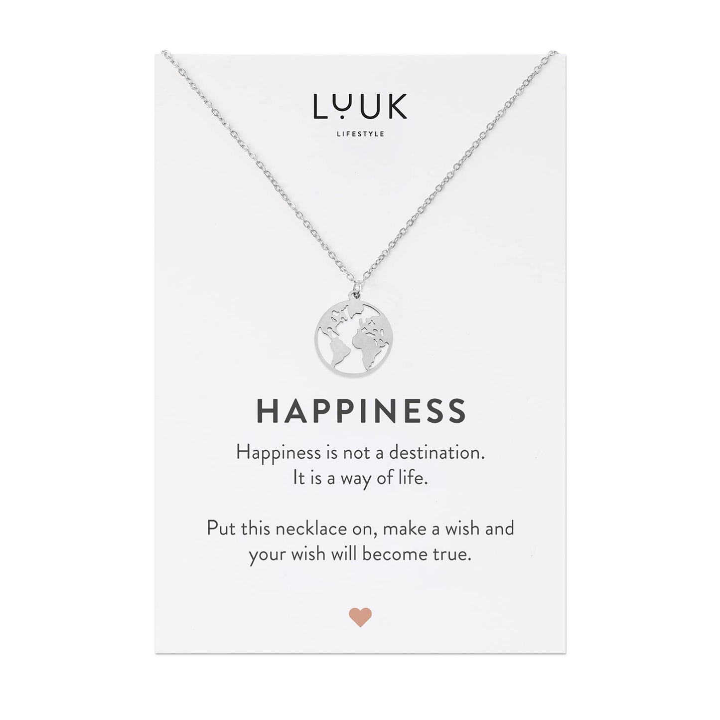 LUUK LIFESTYLE Stainless steel necklace for women with globe, earth pendant and HAPPINESS gift card, simple, minimalistic summer jewelry, festival look, trendy boho style, travel lucky charm, silver