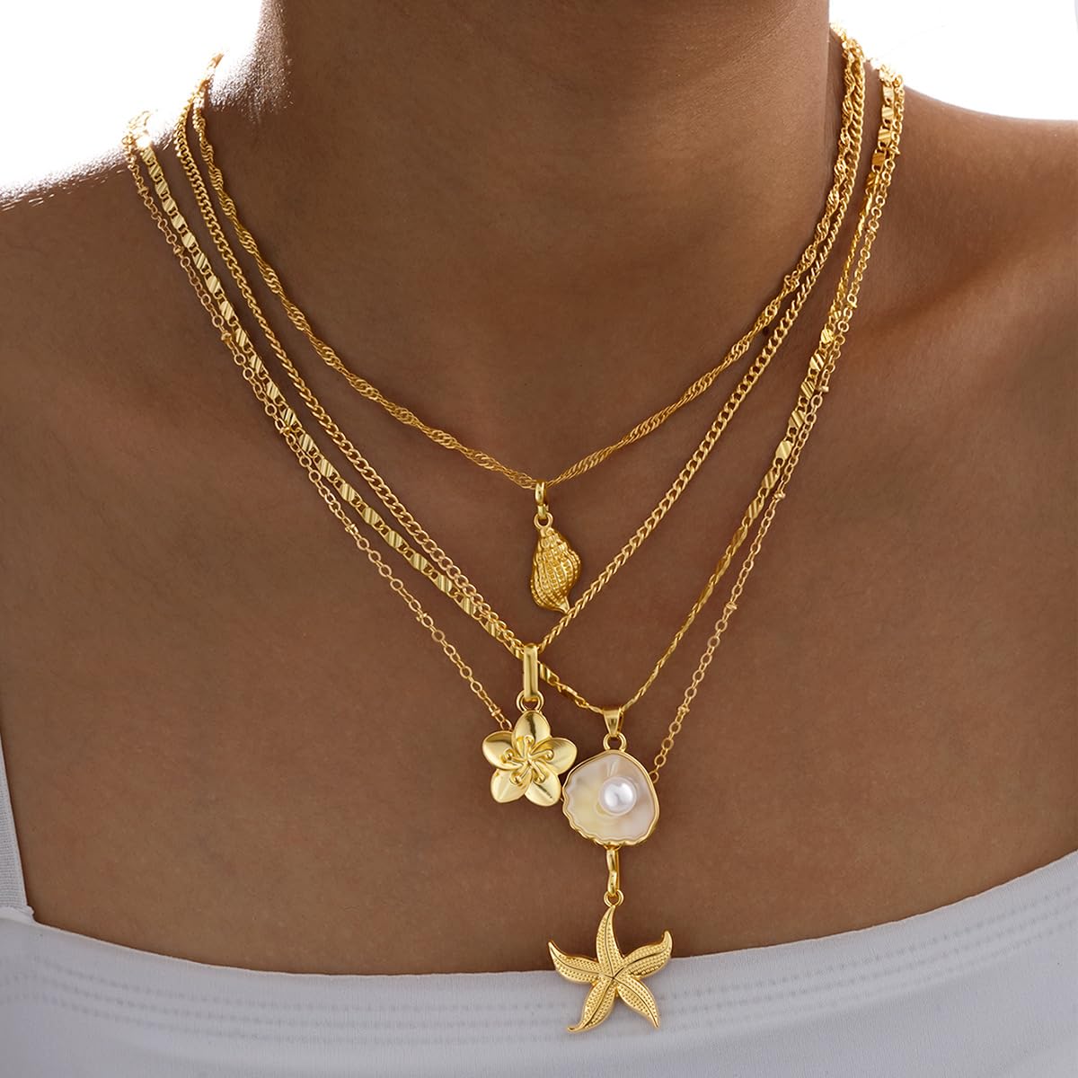 Gold Shell Starfish Necklace for Women Layered Pearl Conch Pendant Necklace Dainty Summer Beach Vacation Boho Jewelry (Gold 4pcs)