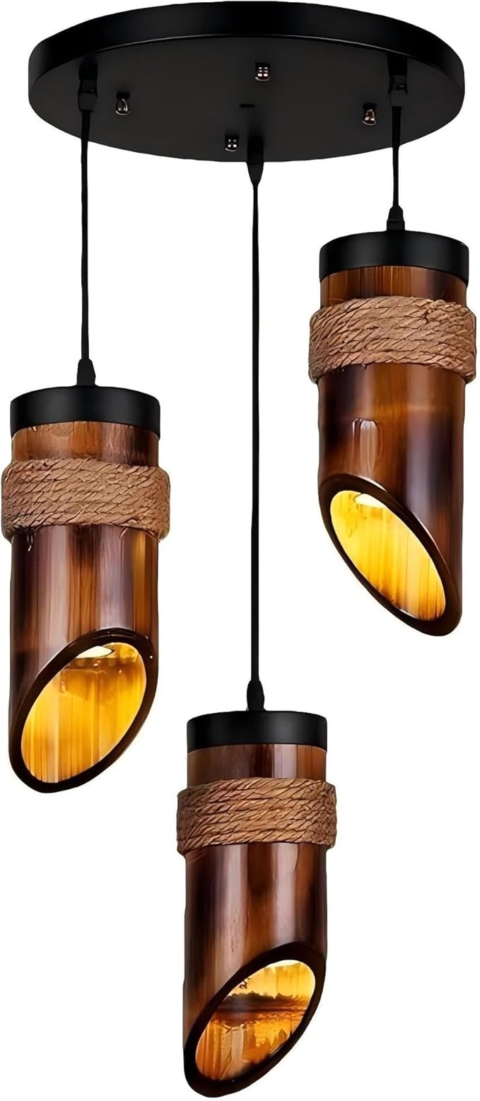 LIGHTLAND Rustic Bamboo Pendant Lights, 12 Inch, 3-Pack for Dining Room, Zen Tea Room, Retro Style