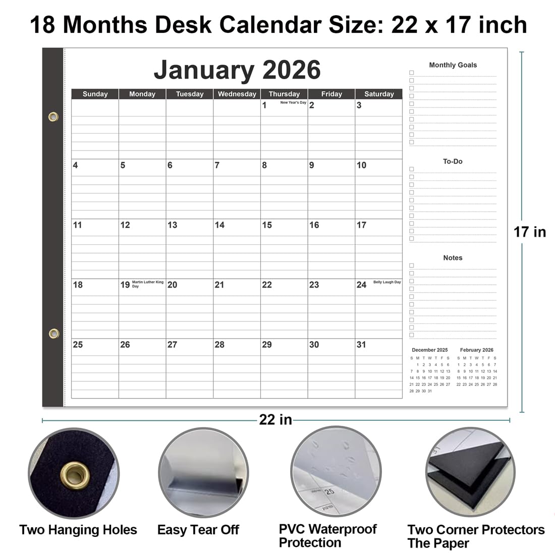 Large Desk Calendar 2026-22" x 17" Desk Calendar from January 2026 - June 2027, Desktop Pad Calendar Perfect for Planning and Organizing In Your Home, School or Office, Black