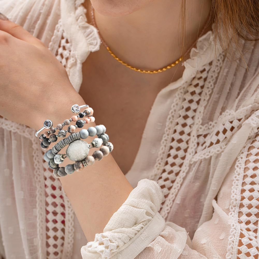 Yomisa Boho Beaded Bracelets/Bangle for Women,Multilayer Wrap 5PCS Healing Natural Zebra Jasper Stone Bead Bracelets Stackable Friendship Stretch Beaded Bracelet Set Trendy Bohemian Jewelry Gift
