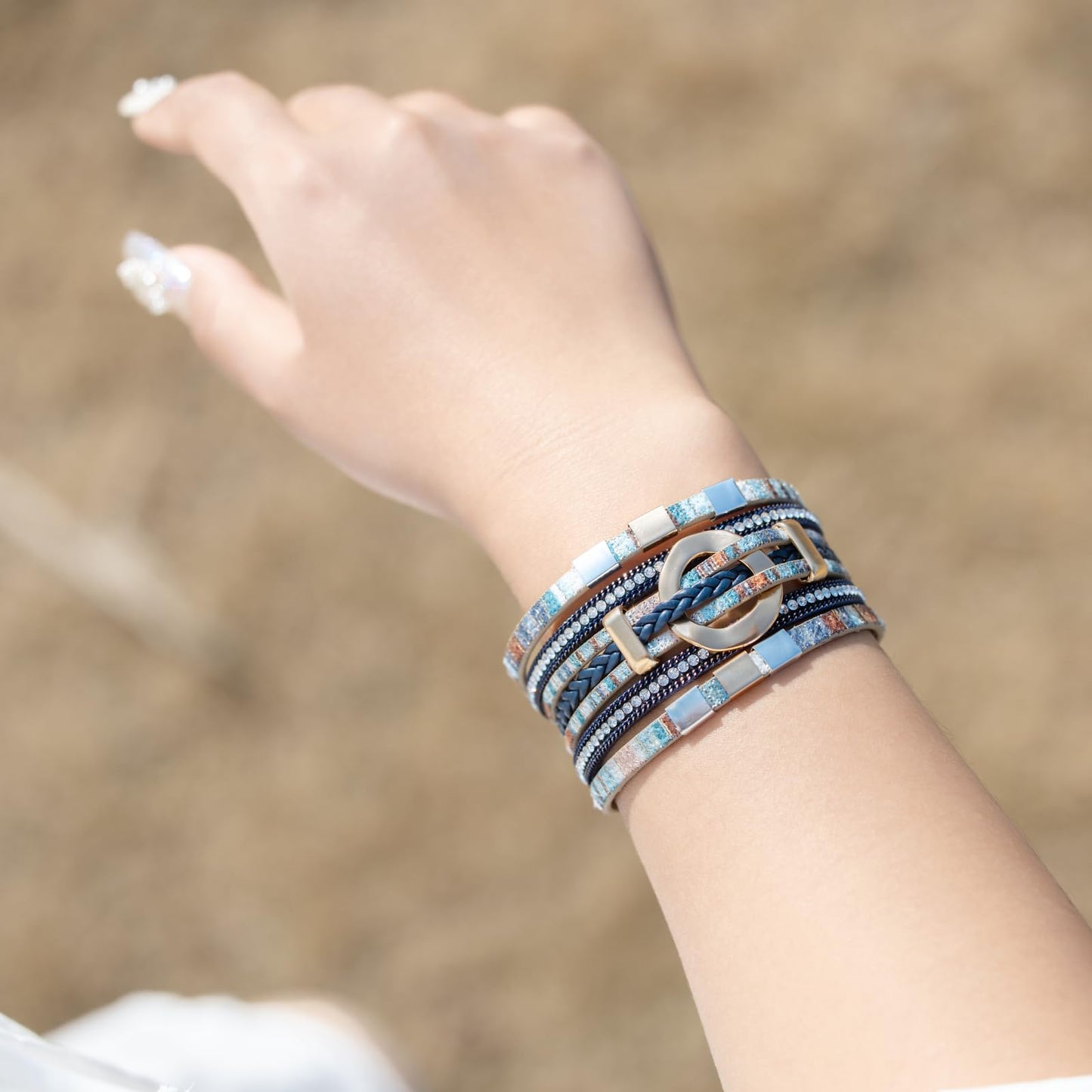 FANCY SHINY Boho Leather Wrap Bracelets Circle Square Bead Braided Handmade Stackable Bracelet Trendy Cuff Bangle for Women(Boho Blue)