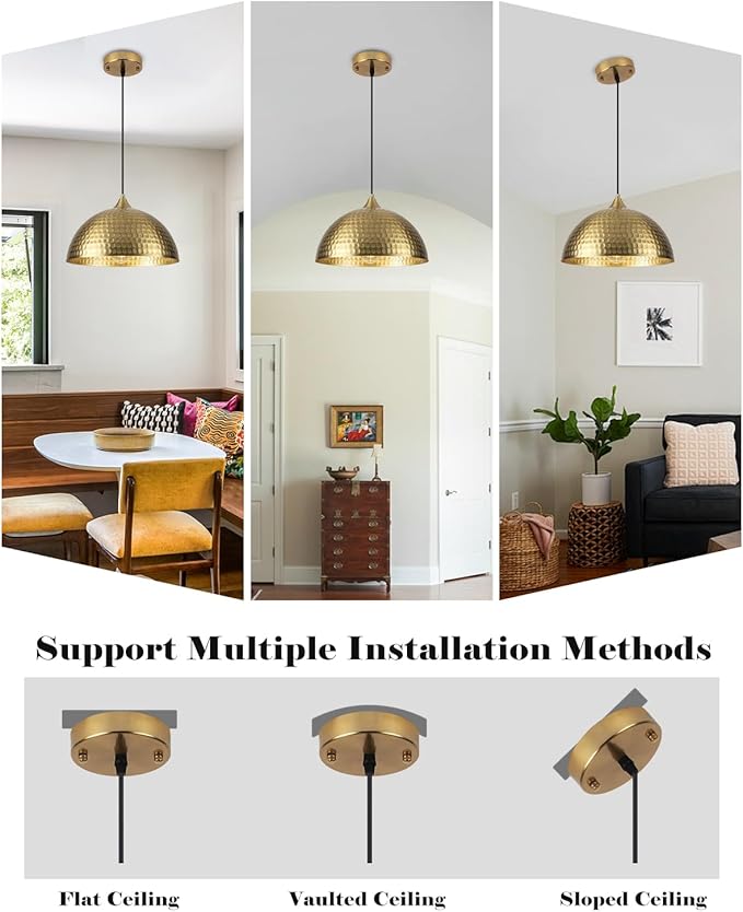 Gold Pendant Lights Kitchen Island 2 Pack, 12 Inch Hammered Dome Pendant Light, Farmhouse Kitchen Pendant Lights, Industrial Hammered Pendant Light for Kitchen, Dining Room, Barn