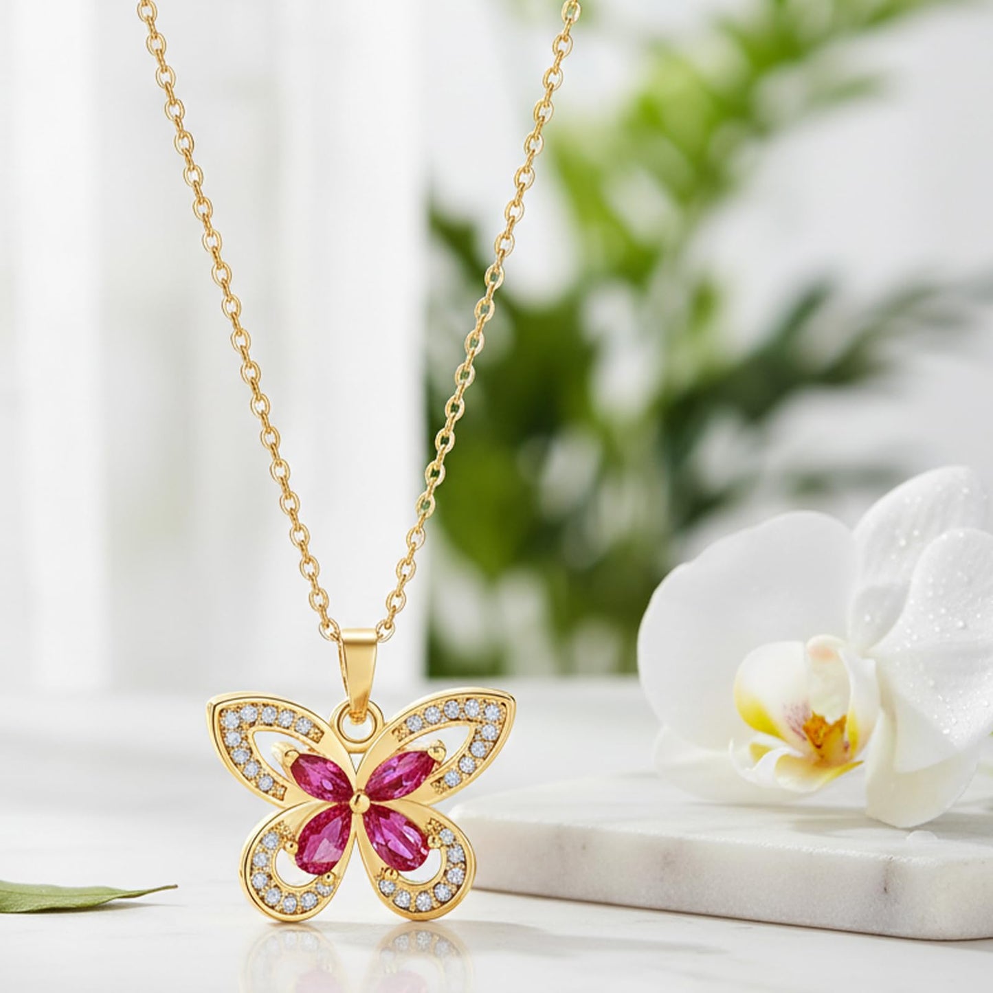 crataly Ruby Butterfly Necklace For Women-Gold Plated July Birthstone Necklace For Valentine's Day Mother's Day Christams Birthday Gifts