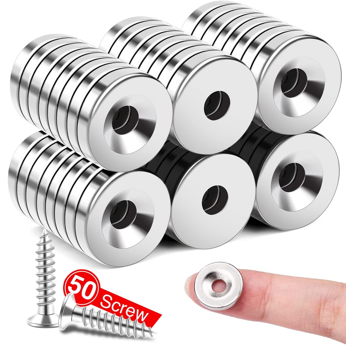 MIKEDE 50Pcs Magnets, Strong Neodymium Magnets Small Round Magnet with Hole, Heavy Duty Rare Earth Magnet Disc Countersunk Hole with 50Pcs Stainless Screws for Locker, Tool Storage, Crafts