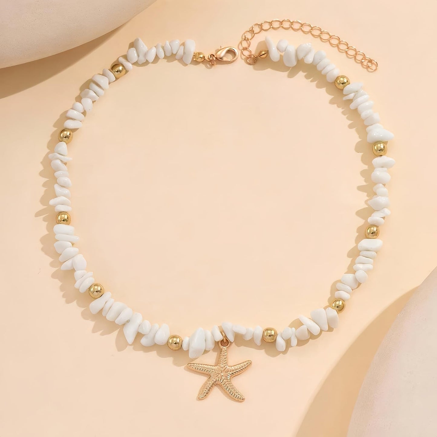 Shell Starfish Necklace for Women, 14k Gold Plated Boho Layered Beaded Charm Pendant Necklace, Dainty Adjustable Pearl Conch Summer Beach Vacation Jewelry Gifts(Crushed)