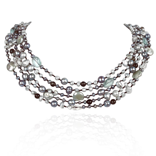 Handmade Silver Grey Baroque Pearl Necklace – Multistrand Freshwater Pearls & Sea Green Crystal, Pearl Clasp Beaded Charms Baroque Luxury Jewelry Gift