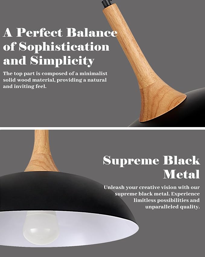 Black and Wood Pendant Lights Kitchen Island, 3 Packs Modern Black Pendant Light, 13.8 inch Wood Pendant Light for Kitchen, Dining Room, Living Room