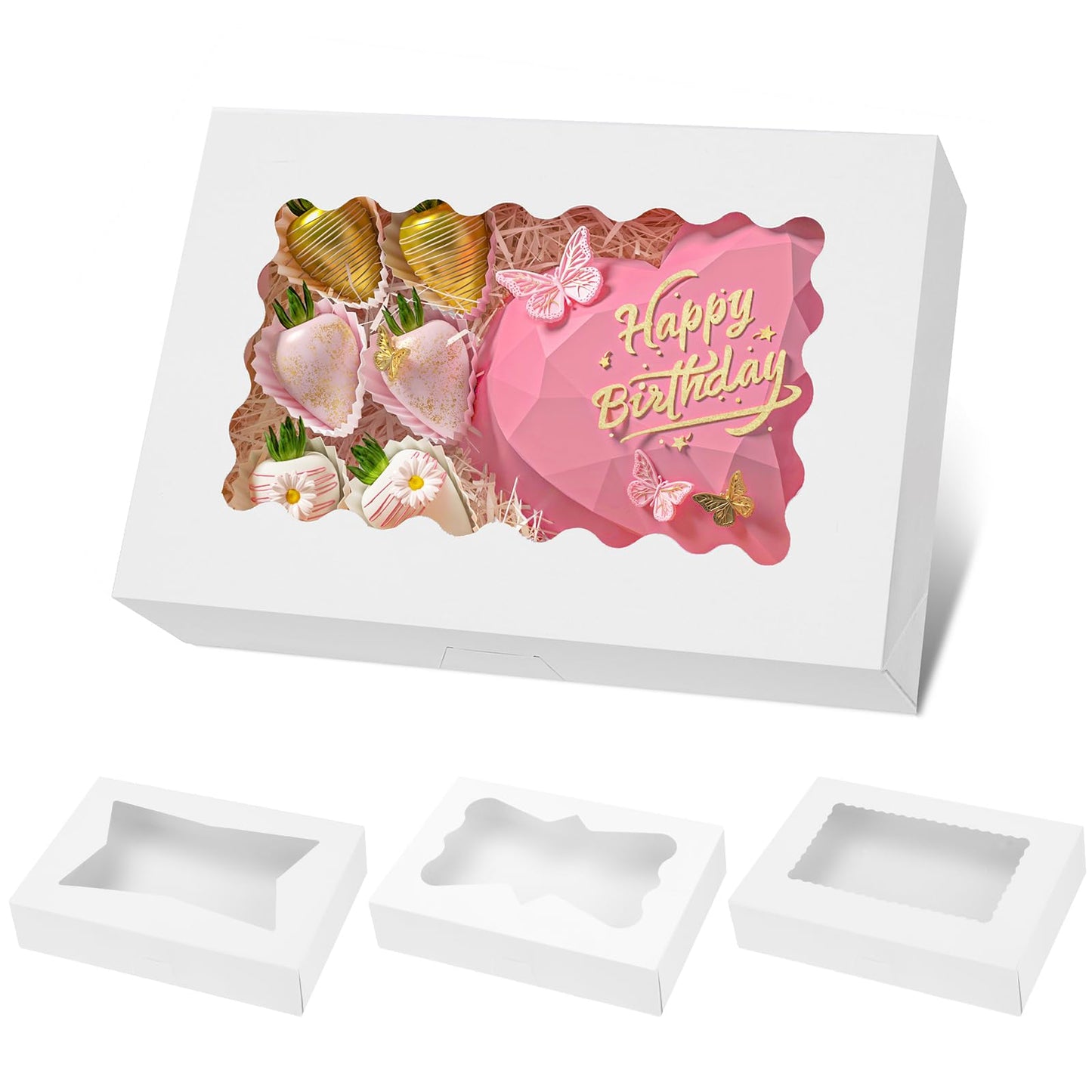 Moretoes 30pcs Auto-Popup Cookie Boxes, 12x8x2.5 Inches Bakery Boxes with 3 Style Windows for Chocolate Covered Strawberries, Donuts, Pastries,Cake Pops