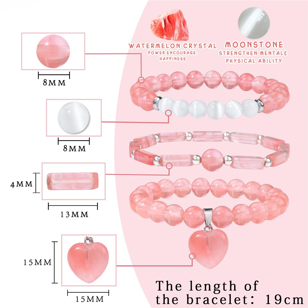 Vinswet Healing Crystal Beaded Bracelets for Women,Natural Watermelon crystal Moonstone Gemstones Bracelet,Anxiety Stress Relief Heart Charm Bracelet Handmade Red Jewelry Gifts for Women (3pcs)