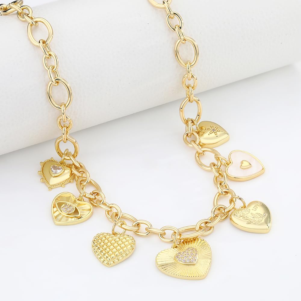 BONJOULRY Gold Heart Necklaces For Women With Different Charms Gold Charm Sun Heart Evil Eyes Necklace Coin Charms Fashion Jewelry Gift