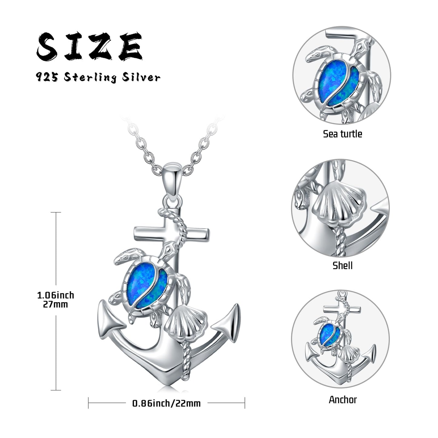 KoyeKei Sea Turtle Necklace Gifts for Women 925 Sterling Silver Anchor Sea Turtle Pendant Blue Opal Ocean N autical Jewelry Beach Seashell Graduation Gifts for Mom Wife Girlfriend Her