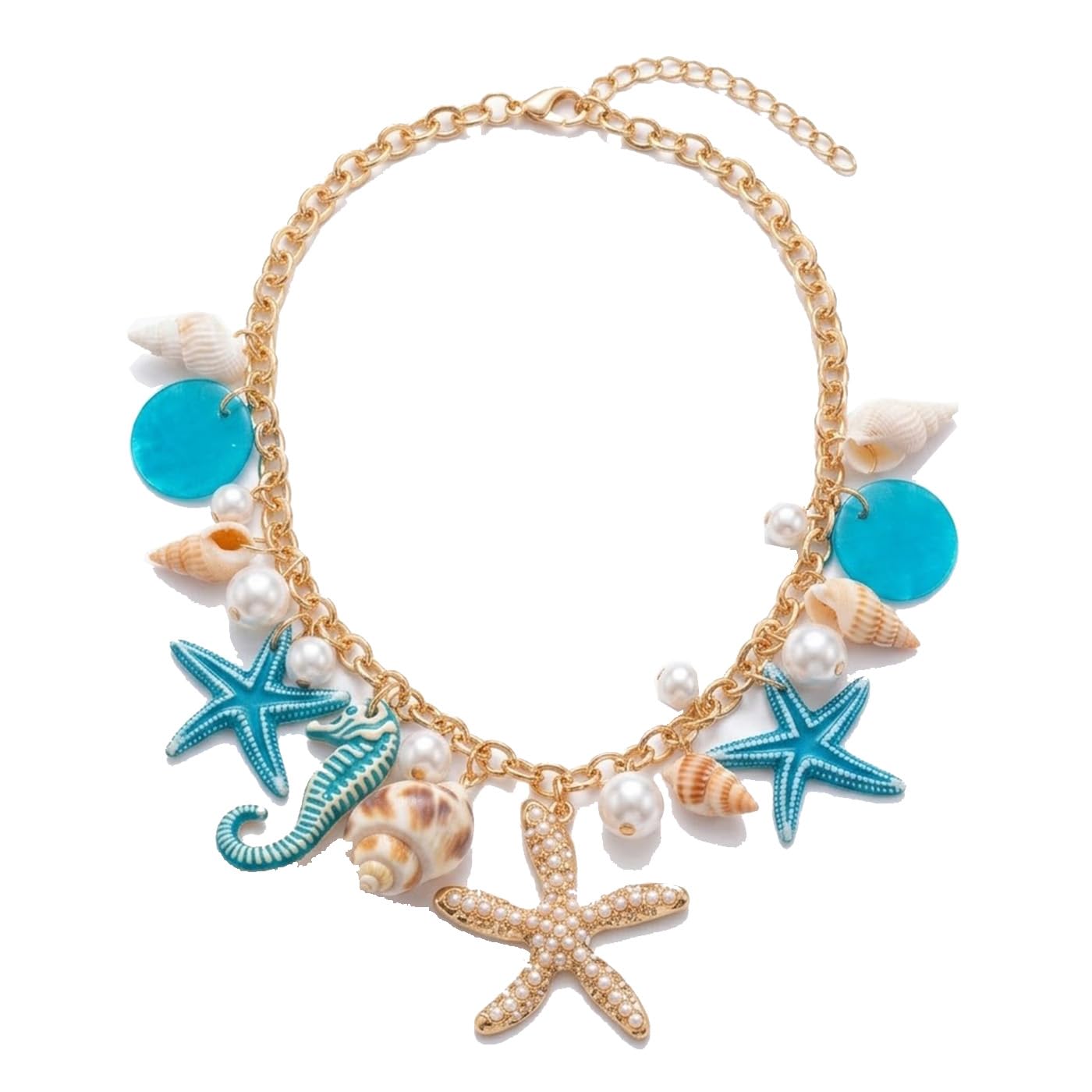 Shell Pearl Starfish Seahorse Charm Necklace For Women Coastal Beach Vacation Seashell Collar Necklace Summer Ocean Choker Ocean Jewelry Gift (Blue)