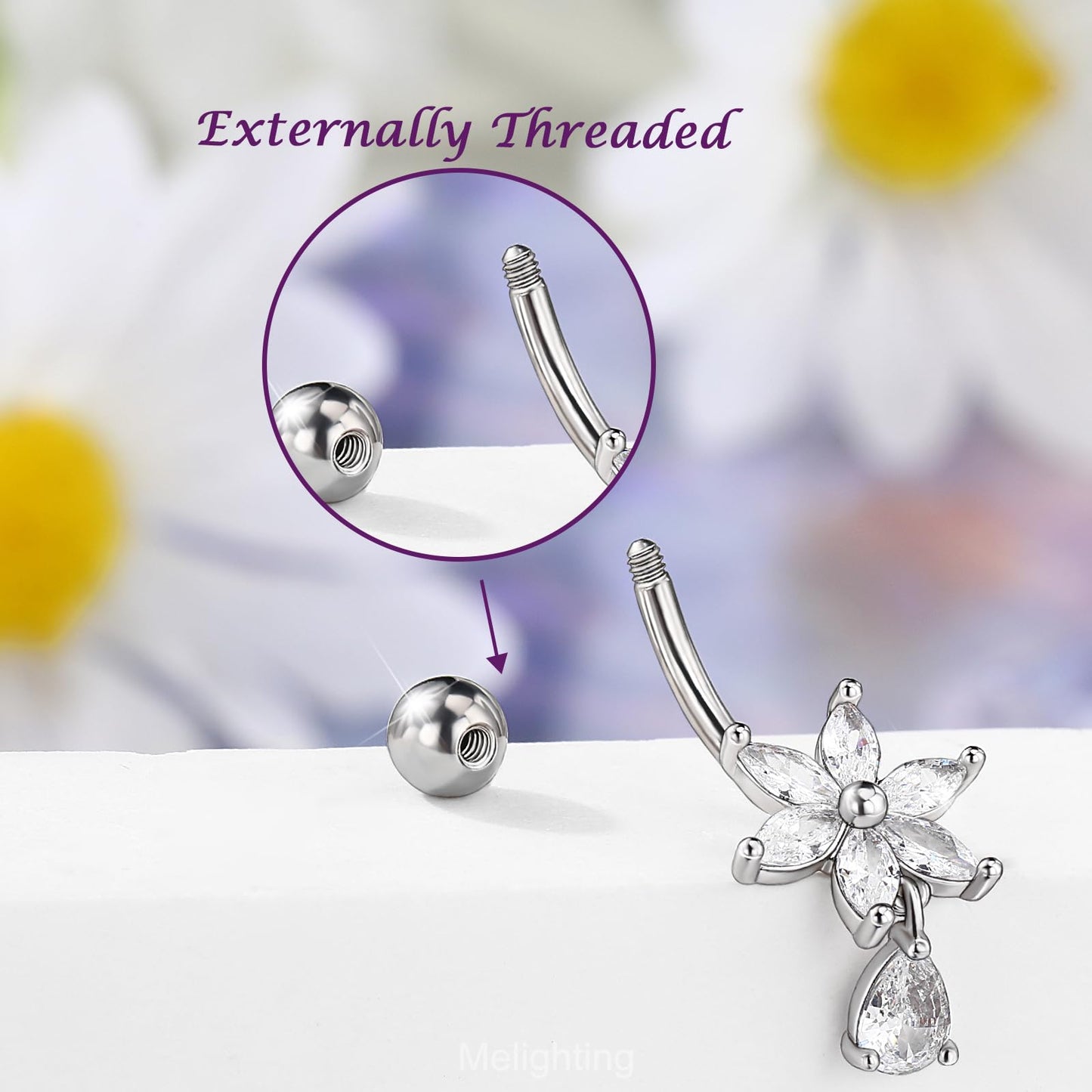 Melighting 14G Clear Belly Button Ring, Flower Belly Piercing Jewelry Surgical Steel 316L, Dangle Teardrop CZ Navel Piercing Barbell, 10 mm Silver Lotus Body Jewellery for Women