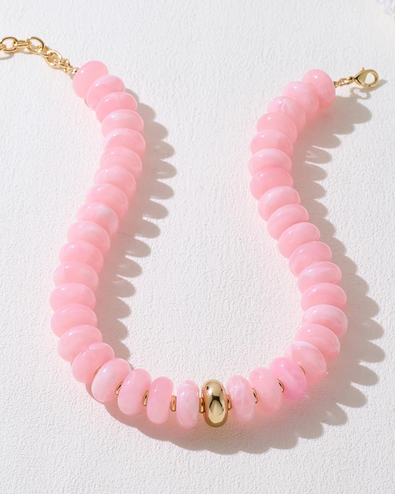 FAUTHENTICUTE Pink Beaded Choker Necklace for Women Chunky Acrylic Resin Bead Statement Necklaces with Gold Accent Trendy Summer Beach Necklace Western Style Boho Bead Jewelry Gift
