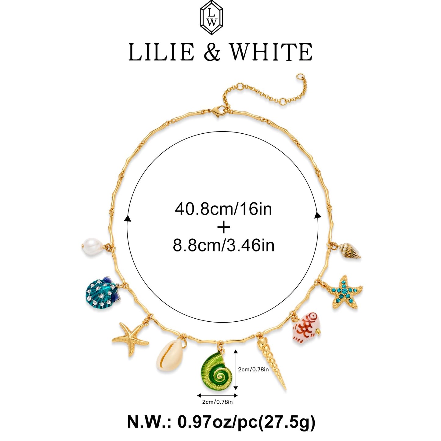 LILIE&WHITE Sea Shell Necklace For Women With Colorful Ocean Charms Gold Starfish Necklace Green Conch Snail Shell Necklaces Seashell Necklaces Summer Beach Mermaid Trendy Jewelry