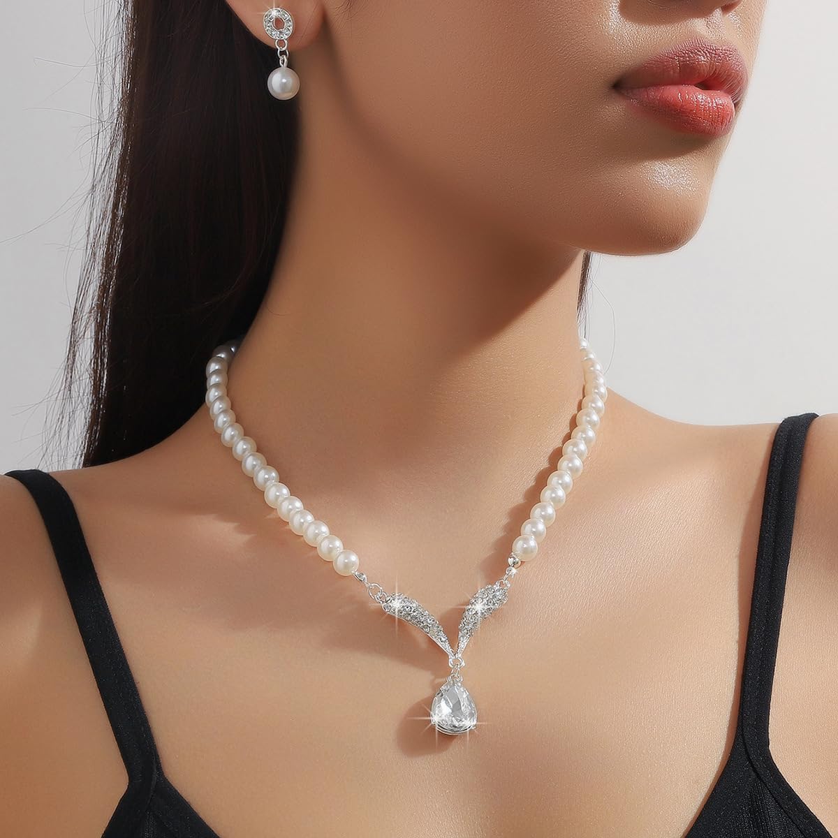 Meztole Pearl Necklace and Earring Set for Women,Pearl Jewelry Set Fake Pearls Necklace Imitation Beaded Collar de Perlas Para Mujer Necklaces for Prom Bridesmaid Costume Accessories A-Silver