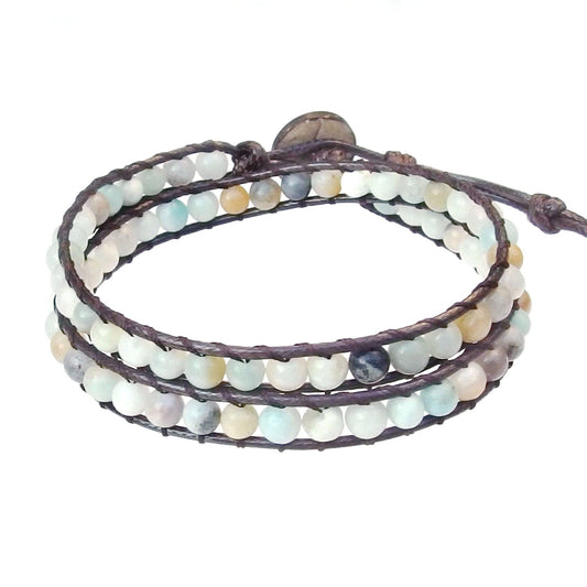 Ayriwoyi Blue Amazonite Bracelet Wrap Bracelets for Women Natural Beaded Stone Leather Wrap Bracelets for Women Bohemian Bracelet