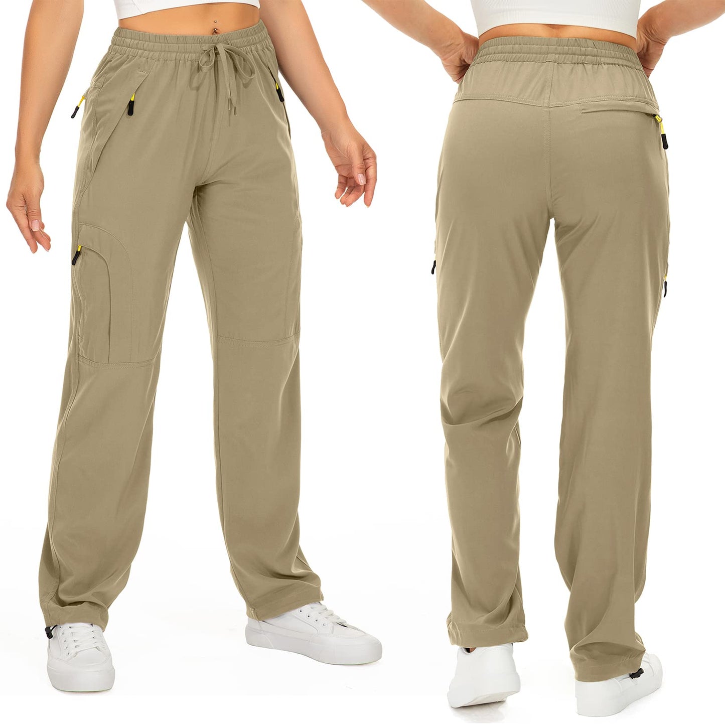 Womens Hiking Pants Quick Dry UPF 50 Lightweight Travel Golf Cargo Safari Pants Zipper Pockets,6608,Khaki,Petite L