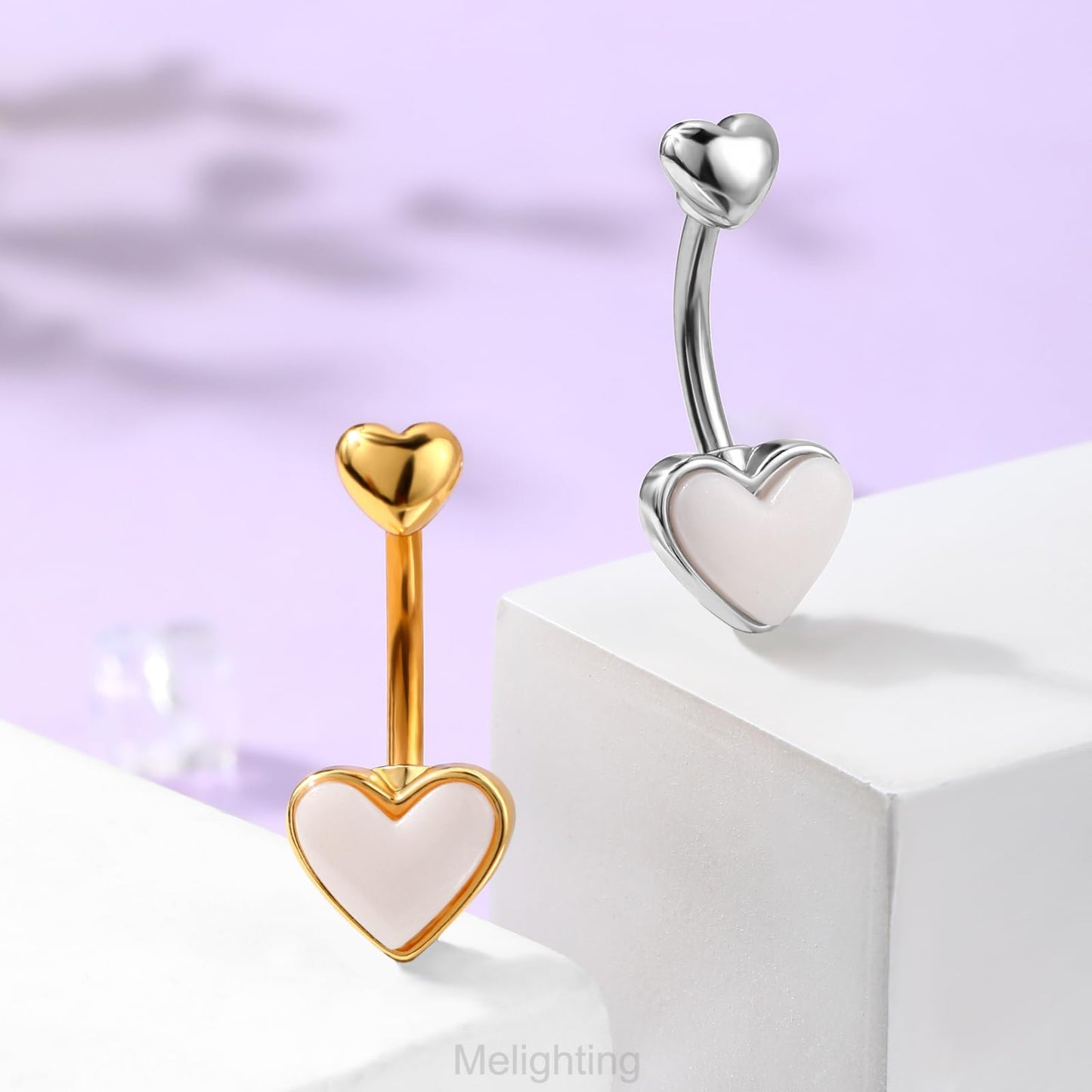 Melighting Heart Belly Button Ring 14G Stainless Steel 316L Pink Belly Ring Belly Piercing Opal Belly Piercing Jewelry Navel Ring For Women 10mm