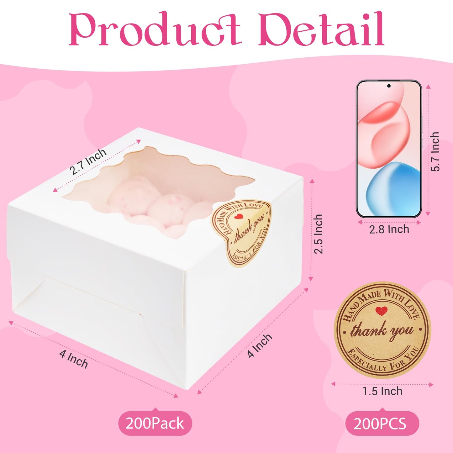 Homrelaxy 200pcs White Cookie Boxes with Window, 4x4x2.5 Inches Small Bakery Boxes with Stickers, for Mini Cake, Macaroon, Cupcakes, Treat Dessert, Candy, Donuts, Cookies, Strawberries, Chocolate