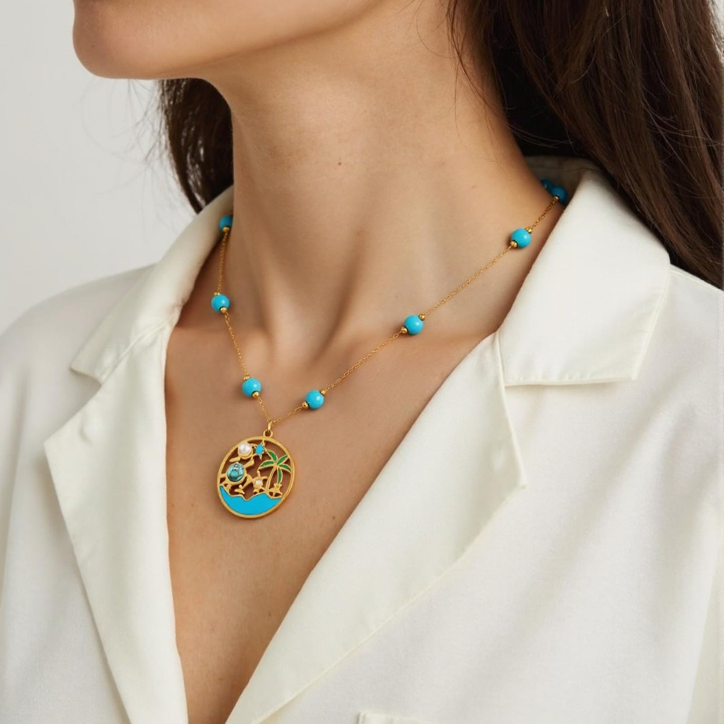 LCTrusttmor Gahna Turquoise Necklace for Women, 18K Gold Plated Sea Turtles Pendant with Adjustable Choker Boho Necklaces for Women, Summer Beach Jewelry Gifts