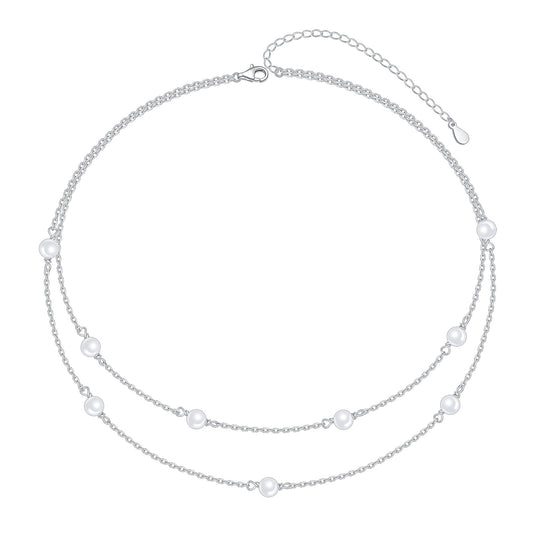 S925 Sterling Silver Pearl Layered Choker Short Dainty Necklace Pendant for Women Jewelry Gift