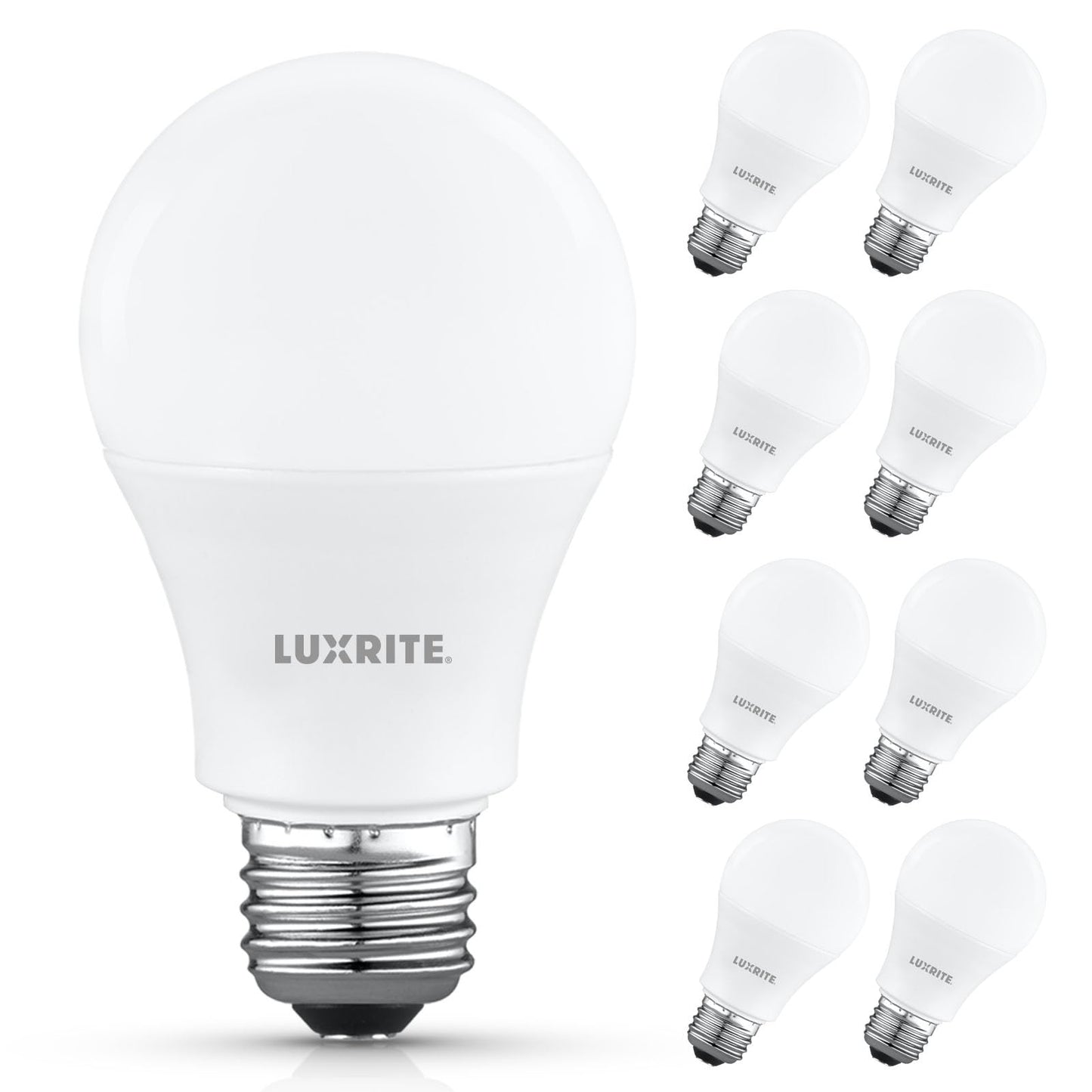 LUXRITE A19 LED Light Bulb 60 Watt Equivalent, Non Dimmable, CRI80, 3000K Soft White, 800LM, Standard LED Light Bulbs 8W, E26 Base, Enclosed Fixture Rated, Damp Rated, ETL Listed (8 Pack)