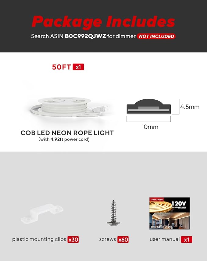 Shine Decor COB LED Rope Light AC 120V, 800lm Ultra Bright, IP65 Waterproof Cold-Resistant ETL Neon Strip, No Driver Tape Lighting for Home Commercial 10x4.5mm, Amber, 50ft