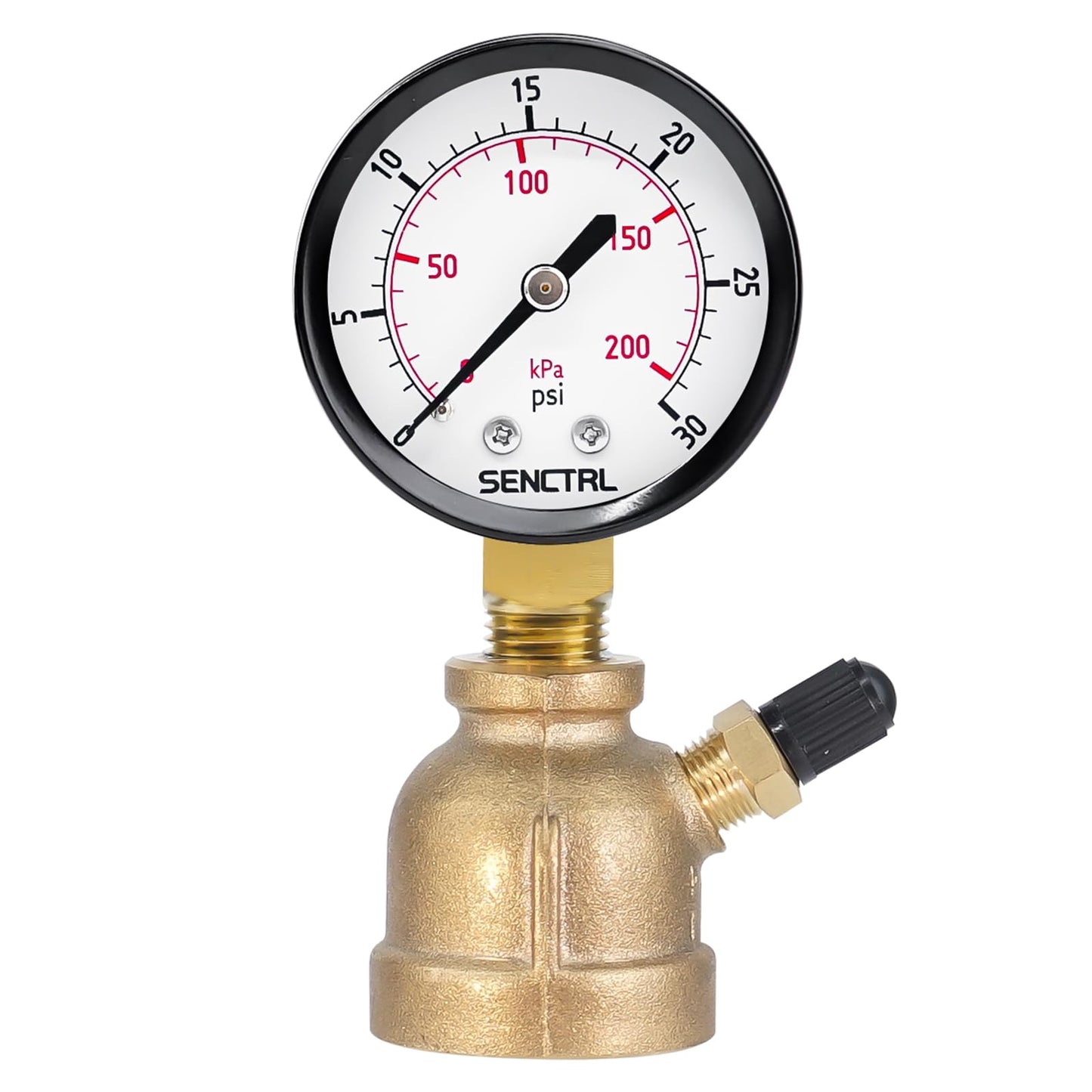 SENCTRL 0-30 Psi Gas Pressure Test Gauge, 2" Dial Size, 3/4" FNPT Connection, Brass Valve, Forged Brass Bell Shape Body Assembly