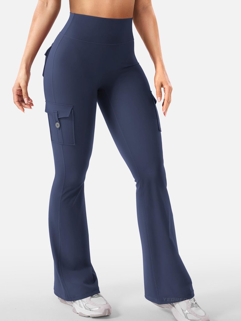 YEOREO CoreFlex Women Workout Flare Leggings with Pockets Hidden Scrunch High Waisted Cargo Gym Yoga Leggings Navy S