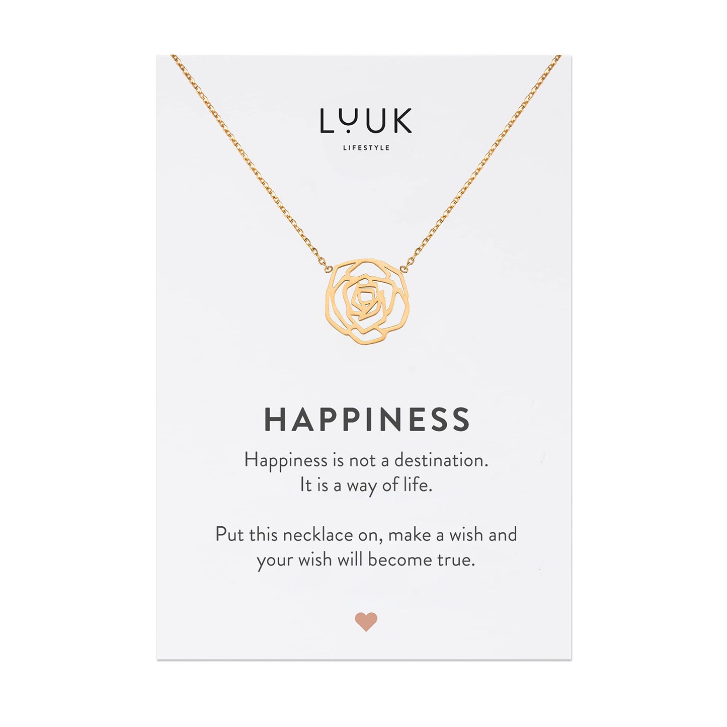 LUUK LIFESTYLE Stainless steel necklace for women with rose flower pendant and HAPPINESS gift card, trendy chic style, modern and minimalist fashion accessory for her, birthday present, gold