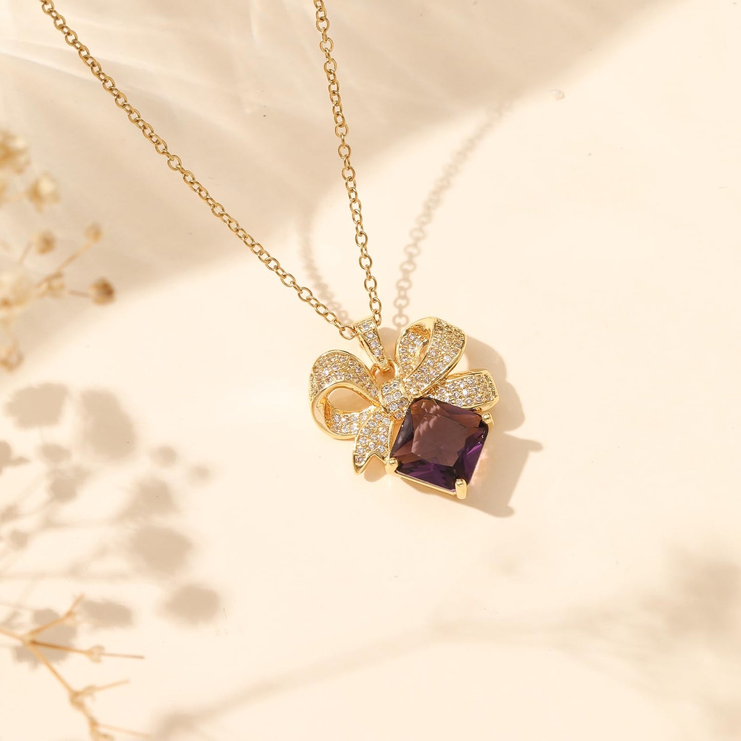 Purple Baroque Square February Birthstone Amethyst Bow Necklace for Women-Gold Plated Amethyst Pendant Waterproof Non Tarnish Maximalist Jewelry Necklace Birthday Valentines Day Mother's Day Christmas Thanksgiving Gifts