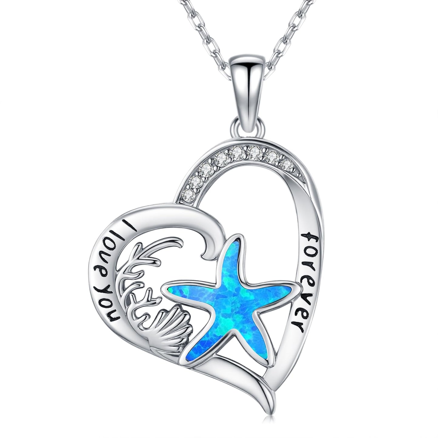 Twoowl Blue Opal Starfish Shells Necklace 925 Sterling Silver Ocean Pendant Necklaces Beach Jewelry Gifts for Women Girlfriends Mom Birthday