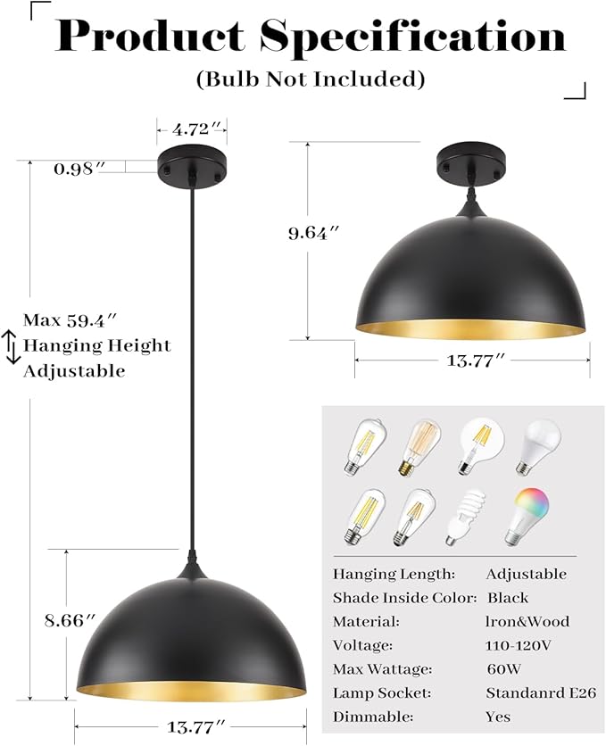 Black Pendant Lights Kitchen Island 2 Pack, 14 Inch Large Dome Pendant Light, Black and Gold Farmhouse Pendant Light, Island Pendant Lights for Kitchen, Dining Room