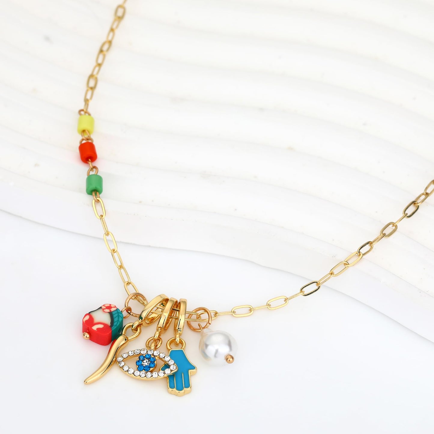 BONJOULRY Charm Necklace for Women Dainty Gold Evil Eye Pendant Protection Necklace Paperclip Chain Italian Horn Hamsa Hand Pearl Charms Necklaces Trendy Jewelry Tiny Eye