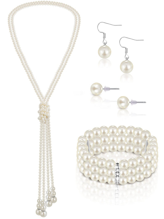 Glenmal Pearl Rhinestone Jewelry Set for Women Pearl Necklace Bracelet Earrings for Wedding Birthday Bridal Shower Tea Party(Vintage Style)