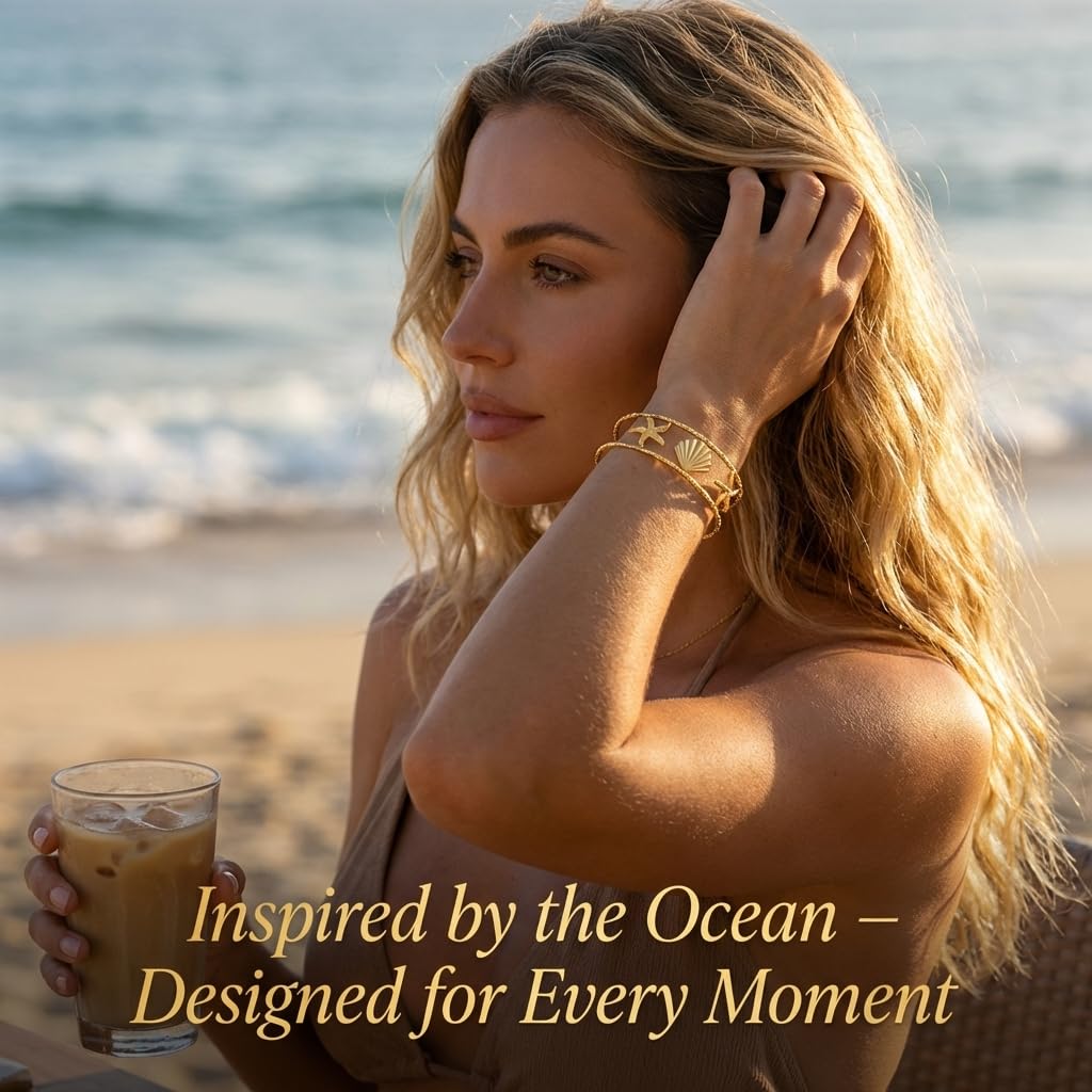 MystiGlimmer Starfish Open Cuff Bracelet for Women 18K Gold Plated Stainless Steel, Adjustable Ocean-Inspired Arm Cuff, Waterproof, Hypoallergenic Beach Jewelry Gift (Starfish-Seashell 3)