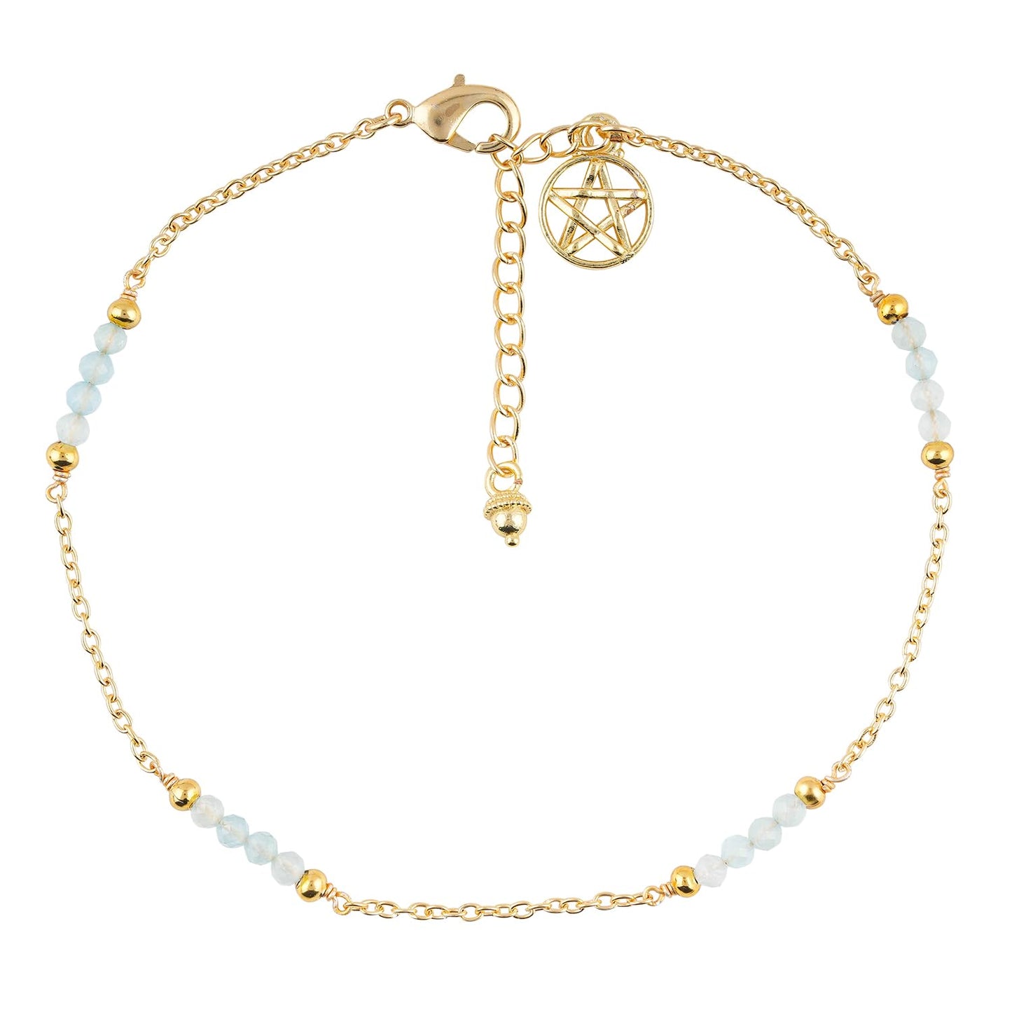 CRYSTALINES Natural Aquamarine Gemstone Beads, Handmade Station Dangle Star Charms Anklet, 14K Gold Plated, Adjustable Fashion Boho Jewelry for Women, Healing Crystals, Christmas Gift