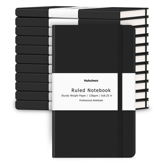 Huhuhero Notebooks Journal, Ruled Notebook, Premium Thick Paper Lined Journal, Black Hardcover Notebook for Office Home School Business Writing Note Taking Journaling, 5"×8.25" (12, Black)