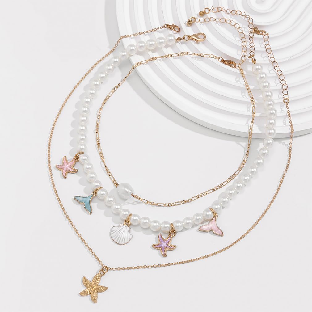 Chunky Gold Layered Pearl Starfish Statement Necklace Dainty Beach Pearls Beaded Seashell Choker Stacked Conch Sea Shell Necklaces Trendy Hawaiian Beachy Jewelry for Women (Colorful)