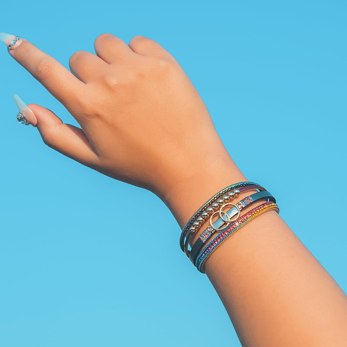 FANCY SHINY Boho Leather Wrap Bracelet Stackable Beaded Infinity Chunky Cuff Bracelets with Magnetic Clasp Western Hippie Outfits Jewelry Gifts for Women(Rainbow)
