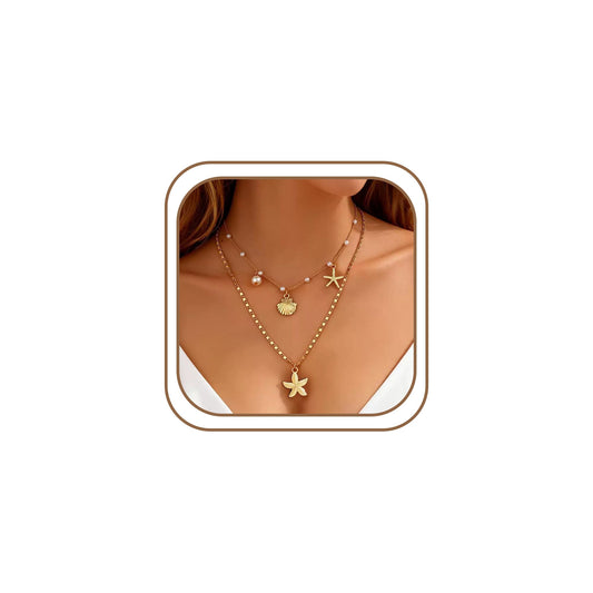 HLZMZQF Gold Starfish Shell Pendant Layered Necklaces Conch Charm Necklace for Women Boho Beach Trendy jewelry (gold starfish shell)